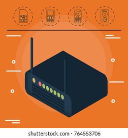 router device and technology related icons over orange background colorful design vector illustration