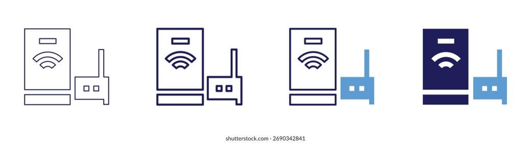 Icono dns del router en 4 estilos diferentes. Línea delgada, línea, línea en negrita, duotono. Estilo duotono. Trazo editable.