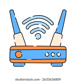 Router Doodle style, wireless router with signal icon, ideal for internet connection themes, tech infographics, and network graphics.