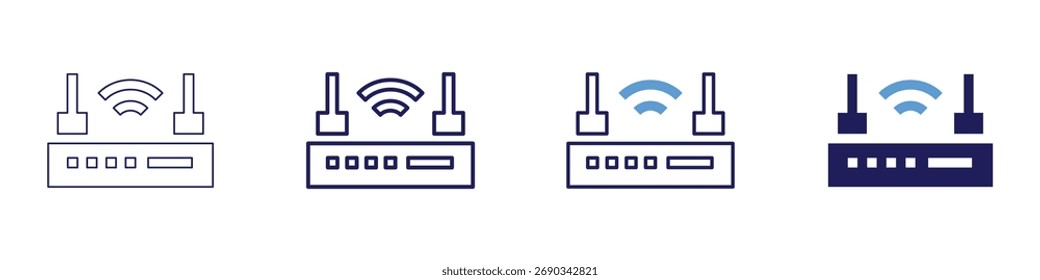 Icono de firmware del router en 4 estilos diferentes. Línea delgada, línea, línea en negrita, duotono. Estilo duotono. Trazo editable.