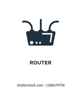 Router icon. Black filled vector illustration. Router symbol on white background. Can be used in web and mobile.