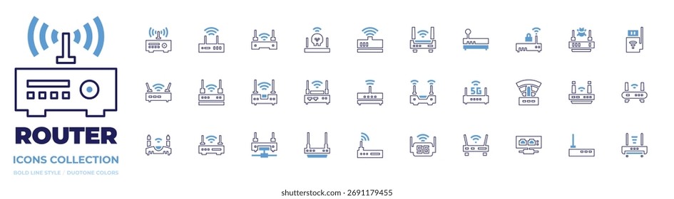 Coleção de ícones do roteador. Estilo de linha em negrito. Cores duotônicas. hub de rede, sem fio, roteador, dispositivo de roteador, roteador wifi, wifi, modem, internet sem fio.
