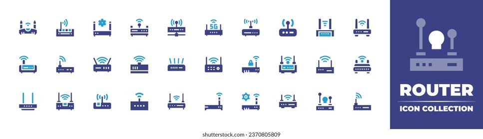 Router icon collection. Duotone color. Vector illustration. Containing router, wifi router, wireless router, wifi, signal, modem, communications. 