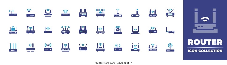 Router icon collection. Duotone color. Vector illustration. Containing router, wifi router, modem, wireless connection, wifi, connectivity, internet service. 