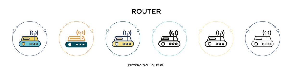 Router icon in filled, thin line, outline and stroke style. Vector illustration of two colored and black router vector icons designs can be used for mobile, ui, web