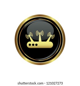 Router icon on the black with gold round button. Vector illustration