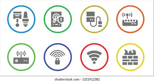 router icon set. 8 filled router icons.  Simple modern icons about  - Components, Modem, Hard disk, Wifi signal, Hard drive, Wifi, Firewall