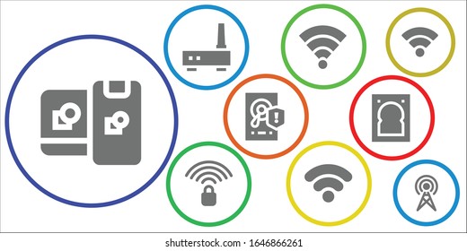 router icon set. 9 filled router icons. Included Computing, Router, Wifi, Wifi signal, Hard disk, Hard drive, Antenna icons