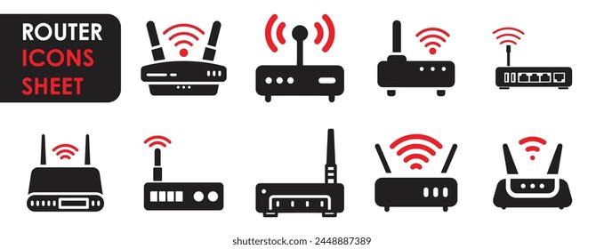 Router icon set. Black and red color. Vector illustration. Containing wifi router of various types