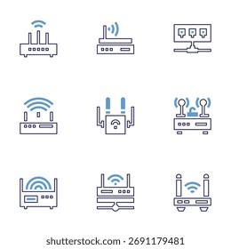 Router icon set. Bold line style. Duotone colors. Editable stroke. hub, router, wifi router.