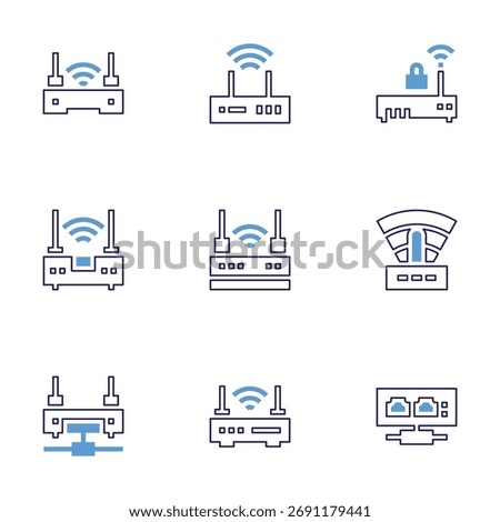 Router icon set. Bold line style. Duotone colors. Editable stroke. network hub, wireless, wifi router, router, modem, wifi.