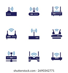 Conjunto de iconos de enrutador. Estilo audaz. Duotone colores. wifi, router, módem.