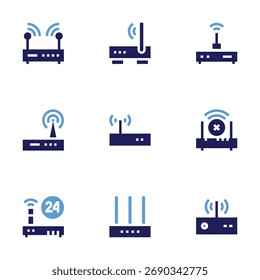 Conjunto de iconos de enrutador. Estilo audaz. Duotone colores. router, wifi, módem, conexión inalámbrica, conectividad, servicio de internet.