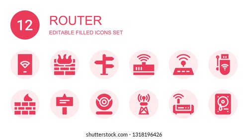 router icon set. Collection of 12 filled router icons included Wifi, Firewall, Signal, Modem, Webcam, Antenna, Wireless, Hard drive