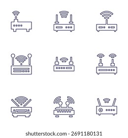 Conjunto de iconos de enrutador. Estilo de línea. Movimiento editable. módem, router, router wifi, wifi.