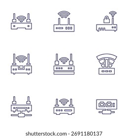 Conjunto de iconos de enrutador. Estilo de línea. Concentrador de red, inalámbrico, router wifi, router, módem, wifi.
