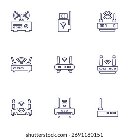 Routersymbol-Set. Linienstil. Bearbeitbarer Strich. Router, WiFi-Router, WiFi, Wireless Internet.