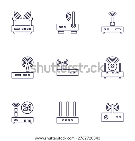 Router icon set. Line style. Editable stroke. router, wifi, modem, wireless connection, connectivity, internet service.