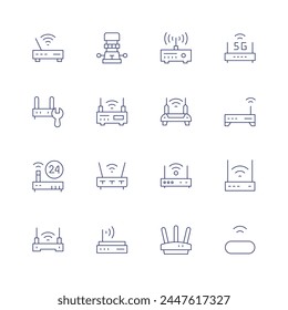 Router-Symbol gesetzt. Dünne Linie Symbol. Bearbeitbarer Strich. Enthalten WiFi, Modem, Router, WiFiRouter, WirelessRouter.