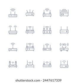 Router icon set. Thin line icon. Editable stroke. Containing modem, wifi, router.