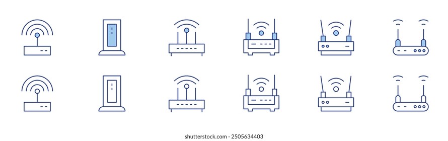 Conjunto de iconos de enrutador en dos estilos, Duotone y estilo de línea fina. Trazo editable. router, módem, wifi.