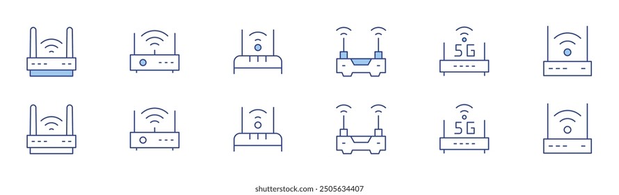 Conjunto de iconos de enrutador en dos estilos, Duotone y estilo de línea fina. Movimiento editable. módem, router, wifi, router wifi.