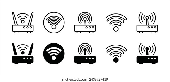 Router icon thin line set. Containing wireless, wifi signal receiver, button, antenna, modem, and broadband for internet connection. Vector illustration