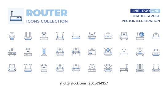 Router icons collection. Line Duotone style, editable stroke. wifi, pendrive, router, modem, wifi router, internet service.