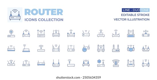 Sammlung von Routersymbolen. Linienduotonstil, bearbeitbarer Strich. WiFi, Modem, Router, WiFi-Router, Kommunikation, Hotspot, Signal, kein Internet, WiFi-Verbindung.