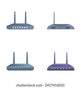 Router-Symbole setzen Cartoon-Vektorgrafik. Wireless Wi-Fi-Router. Elektronisches Gerät