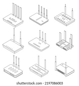 Router icons set. Isometric set of router vector icons outline thin lne isolated on white