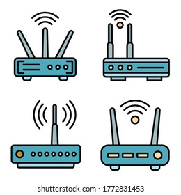 Router icons set. Outline set of router vector icons thin line color flat on white
