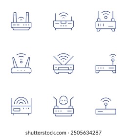 Conjunto de iconos de enrutador. Estilo de línea delgada, carrera editable. wifi, router, router wifi.