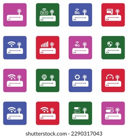 Router Icons. White Flat Collection In Square. Vector Illustration.