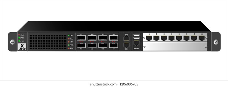 Router IP Traffic In Black For Mounting With A 19 Inch Rack. Additional Module With RG-45 Connectors.
Designed For Carrier-class Networks. Vector Illustration.