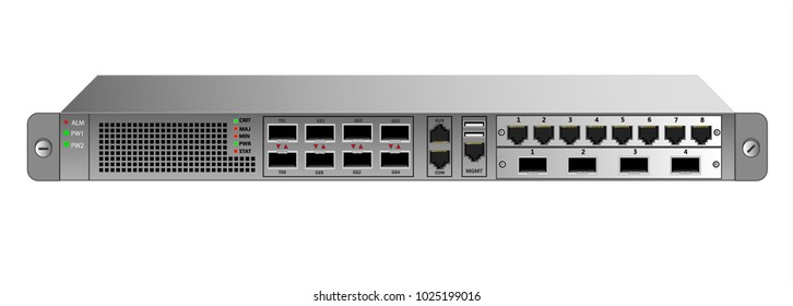 Router IP Traffic For Mounting With A 19 Inch Rack. Two Additional Modules With RG-45 Connectors And Optical SFP Modules.
Designed For Carrier-class Networks. Vector Illustration.
