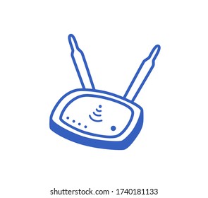 Router aislado en un icono lineal y blanco en el estilo Doodle. Ilustración dibujada a mano por vectores.