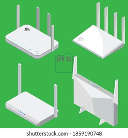 Router isometric icons set. Isolated