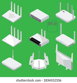 Router Isometric Icons Set. Vector