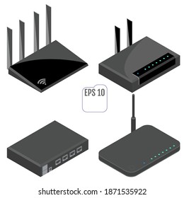 Router isometric icons set. Vector