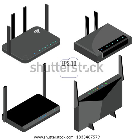 Router isometric icons set. Vector