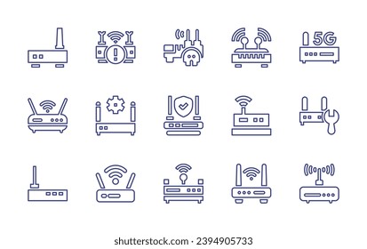 Symbolsatz für die Router-Linie. Bearbeitbarer Strich. Vektorgrafik. Enthält Router, Signal, Modem, WLAN, kein Internet.