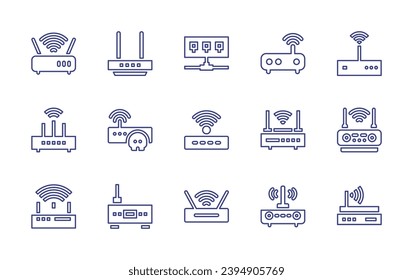 Conjunto de iconos de línea de enrutador. Trazo editable. Ilustración vectorial. Consta de encaminador wifi, señal wifi, enrutador, concentrador, wifi, conexión wifi, comunicaciones, módem.