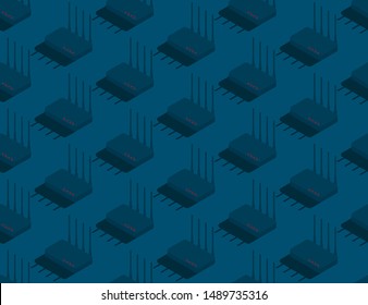 Router offline 3D isometric seamless pattern, Internet wifi connect technology concept poster and social banner post design illustration isolated on blue background with copy space, vector eps 10