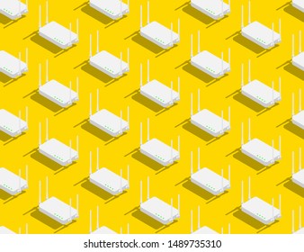 Router online 3D isometric seamless pattern, Internet wifi connect technology concept poster and social banner post design illustration isolated on yellow background with copy space, vector eps 10