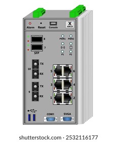 Roteador, servidor para montagem de trilhos DIN. Contém 6 portas RJ-45, 2 SC de fibra óptica, 2 SFP, USB, COM e VGA. Na parte superior estão os conectores de alimentação e as portas RS-485. À direita está um radiador potente.