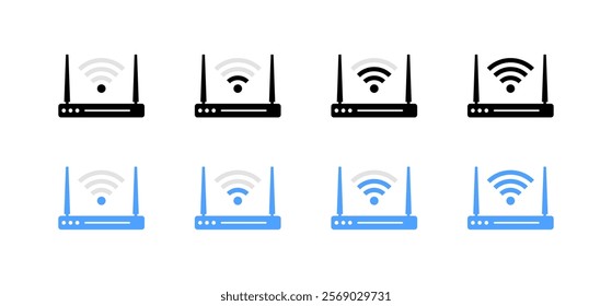 Router set icons. Wi-Fi level icons. Flat and silhouette style. Vector icons.