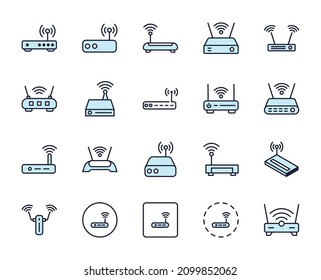 Router set line icons in flat design with elements for web site design and mobile apps.  Collection modern infographic logo and symbol. Web vector line pictogram