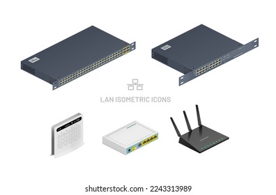 Router and switches icons set. Isometric vector illustration in white background.