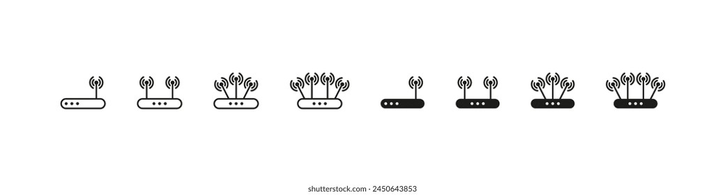 Router vector icons. Network broadcast device with antenna icon set.